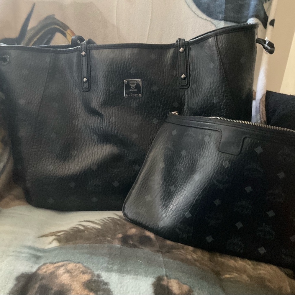 MCM Black Leather Tote and Pouch Set